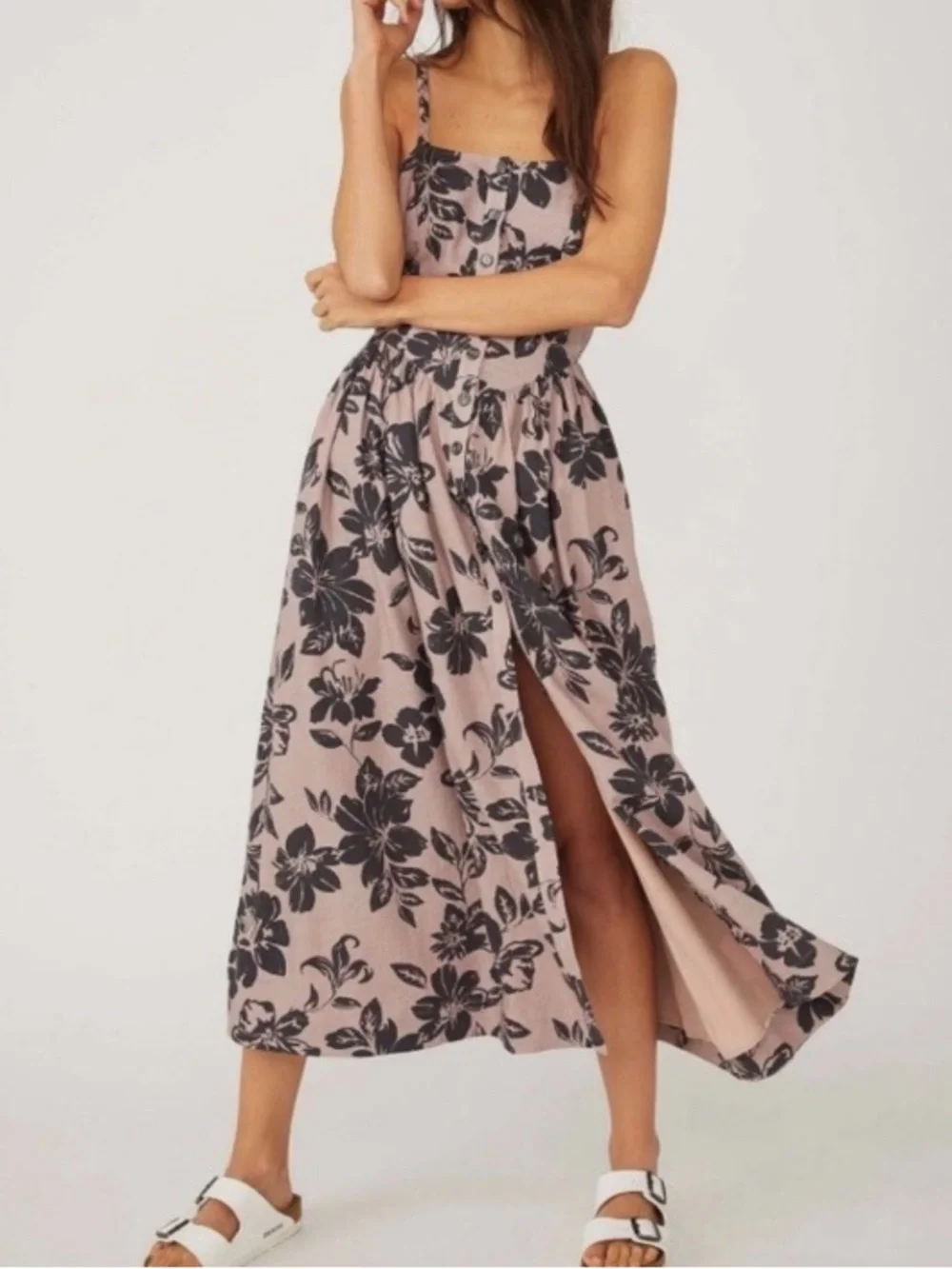 Free People The Perfect Sundress Linen Blend Tropical Floral Button Front Dress